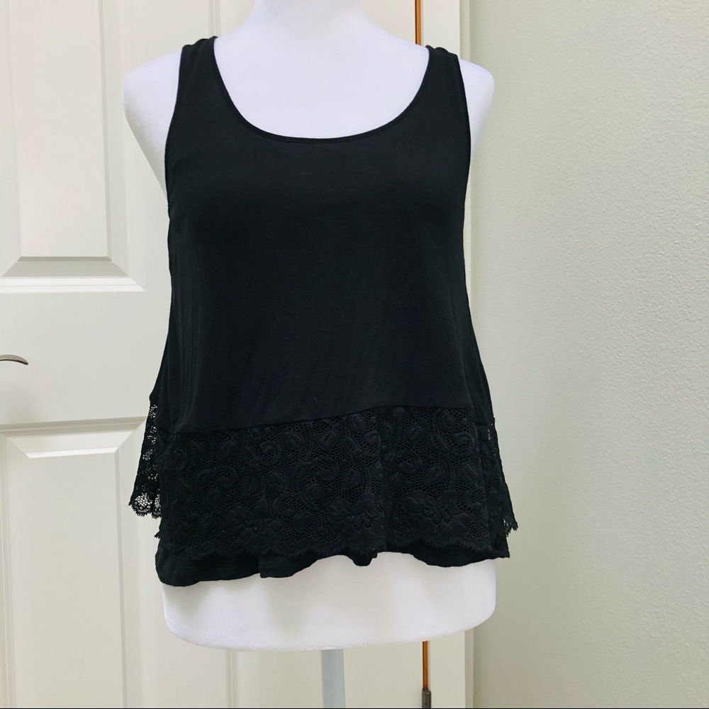 KENSIE CROPPED SLEEVELESS LAYRED TANK TOP LACE TRIM BLACK XS